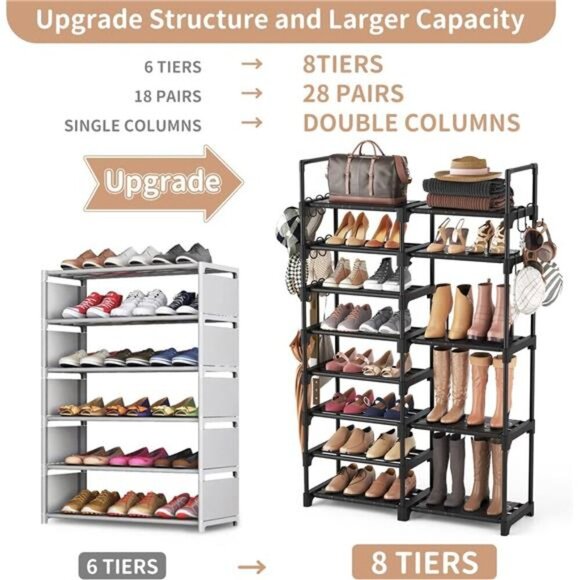 Tall Shoe Rack 8 Tier Metal Shelf Holds 32 Pairs Boots Entryway Organizer - Picture 4 of 7